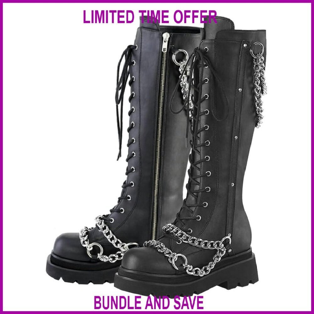 Knee High Platform Combat Boots Chunky Heel Lace Up Motorcycle Boots